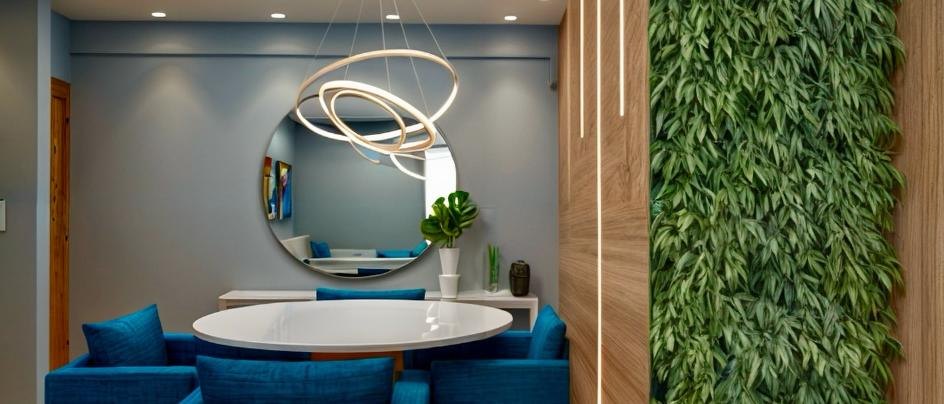 Sala de espera com parede verde, pendente circular e poltronas azuis